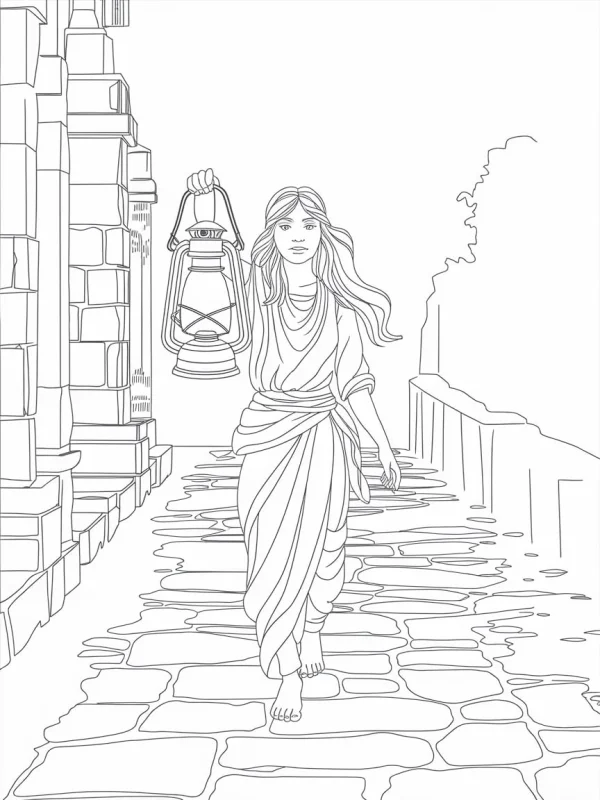 Woman holding an oil lantern, walking on stone path beside ancient stone buildings — free printable monument coloring book page