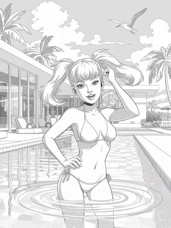 Cute pigtail girl in bikini standing in swimming pool, cartoon style — free printable swimming coloring book page