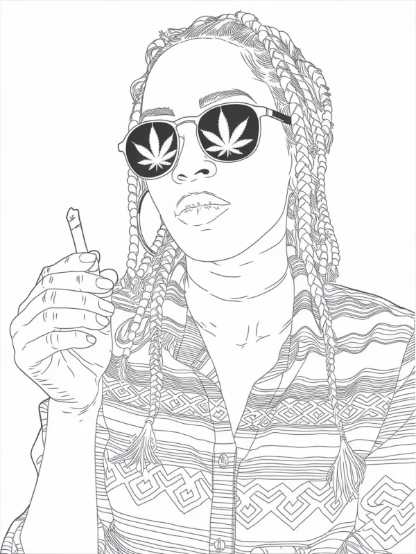 Person with braids wearing sunglasses with marijuana leaf lenses, holding a joint — free printable street fashion coloring book page