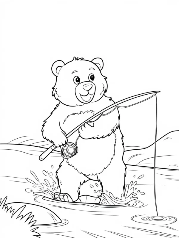 Cute cartoon bear fishing in a river, cartoon style — free printable fishing coloring book page