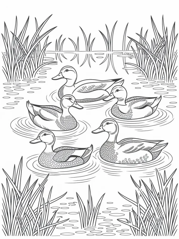 Group of ducks swimming in pond, realistic line art style — free printable wetland coloring book page