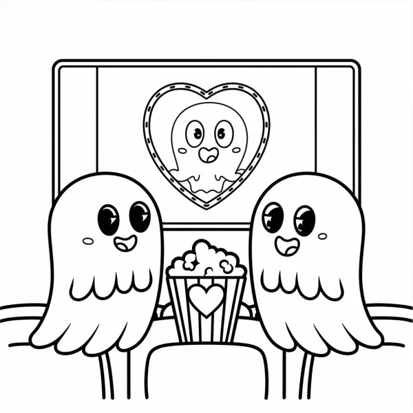 Two cute ghosts watching movie in cinema with heart-decorated popcorn bucket, cartoon style — free printable entertainment coloring book page