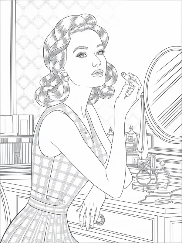 Retro style woman applying lipstick at dressing table, realistic line art — free printable beauty coloring book page