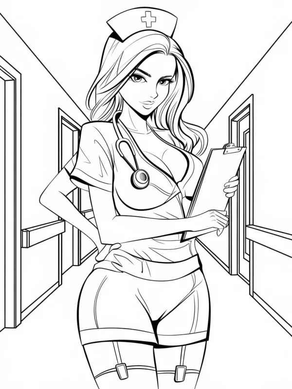 Sexy nurse in hospital corridor, anime cartoon style — free printable adult coloring book page