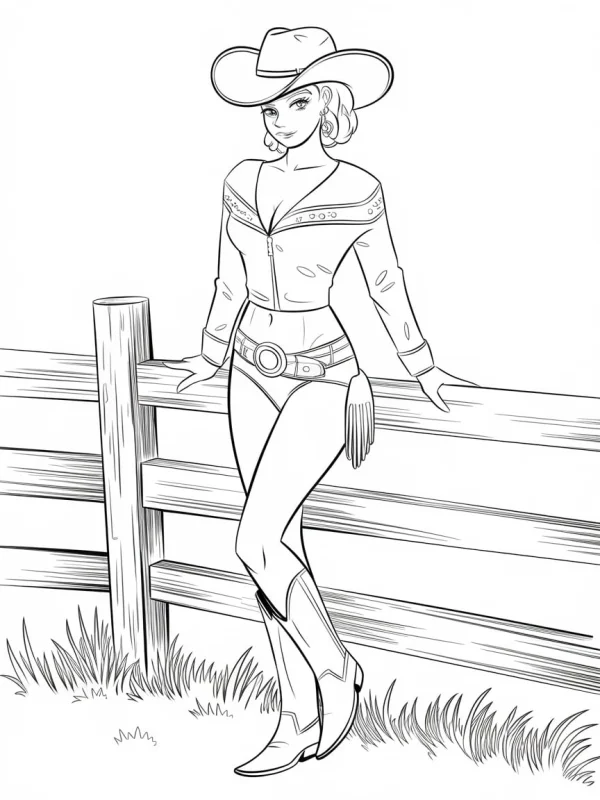 Cowgirl leaning on wooden fence, cartoon style — free printable western cowboy coloring book page