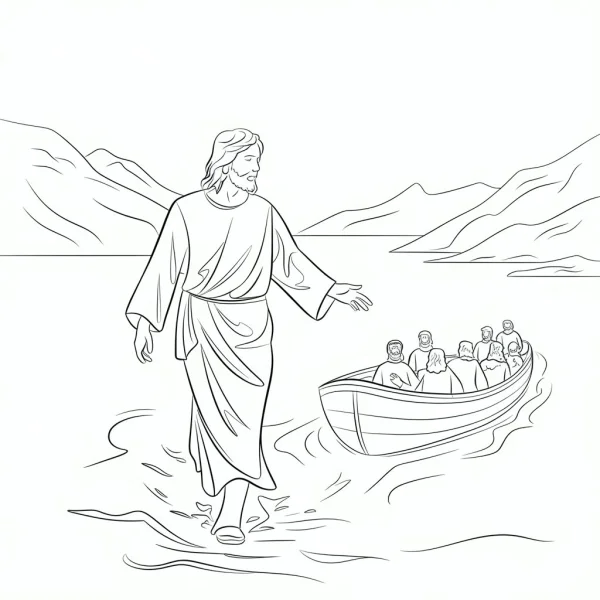 Jesus walking on water with disciples in a wooden boat, realistic line art style — free printable bible scene coloring book page
