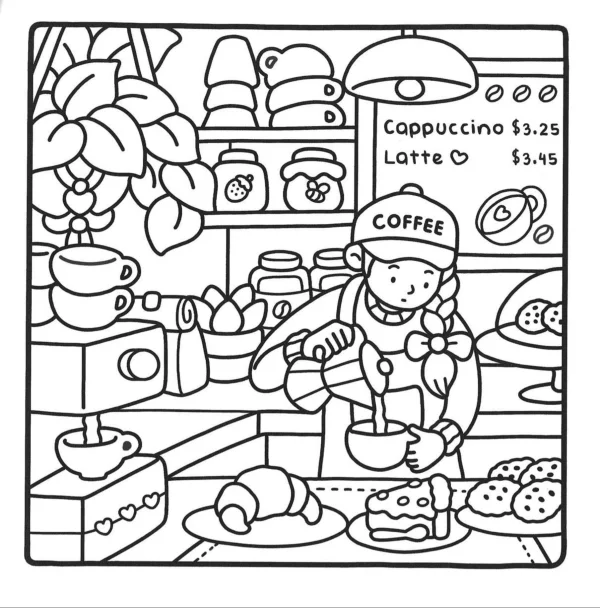 Barista in coffee shop, cartoon style — free printable cafe coloring book page