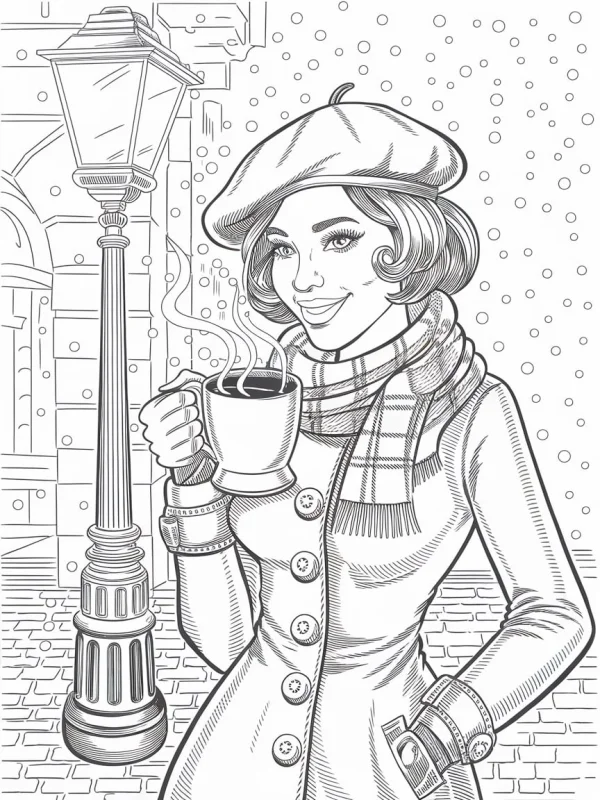 Woman holding hot coffee cup on winter street with falling snow, european and american illustration style — free printable urban daily coloring book page