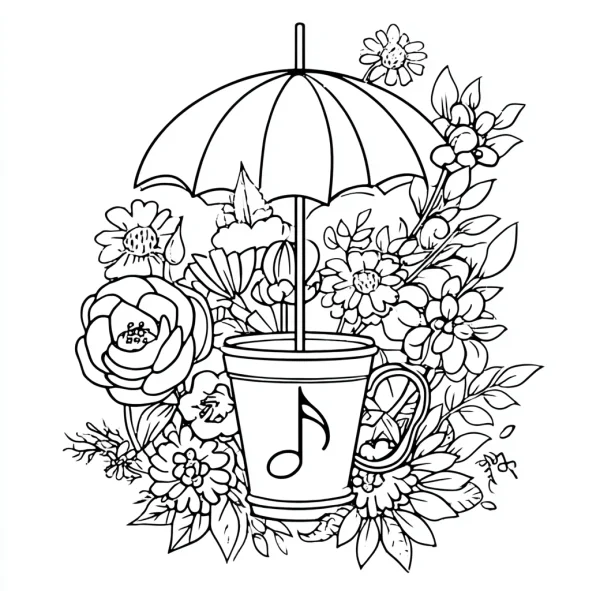 Cup with umbrella surrounded by various flowers, line art style — free printable living items coloring book page