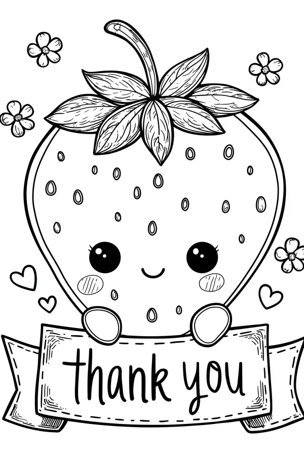 Cute anthropomorphic strawberry holding a 'thank you' banner, cartoon style — free printable gratitude coloring book page