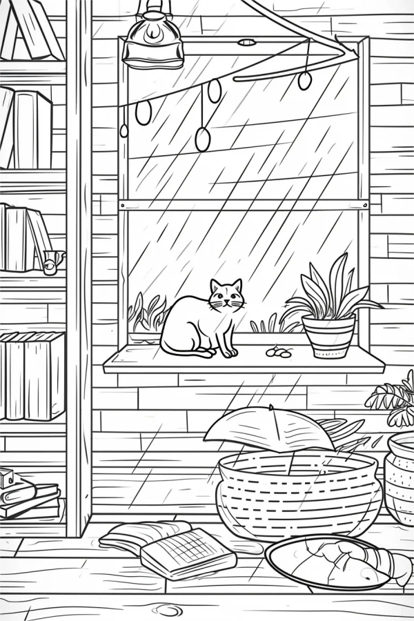 Cat sitting on windowsill, cozy home interior on rainy day — free printable rainy days coloring book page