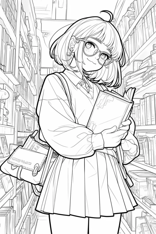 Short-haired girl with glasses holding an open book, anime style — free printable campus life coloring book page