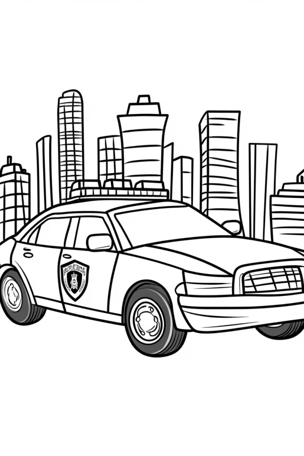 Police sedan in urban city background, cartoon style — free printable police coloring book page