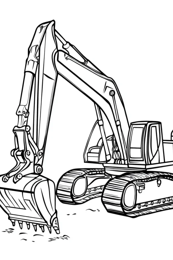 Excavator, realistic line art — free printable engineering tools coloring book page
