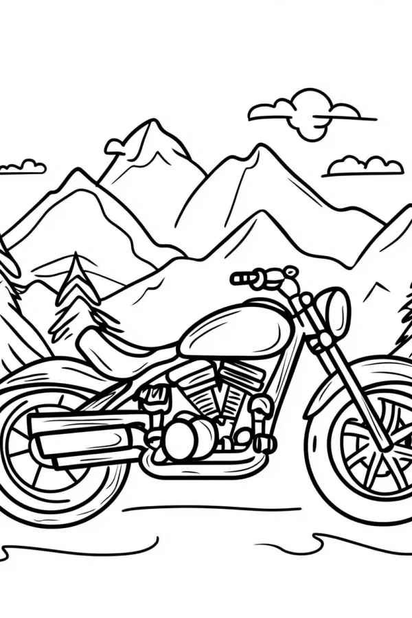 Outdoor motorcycle, cartoon style — free printable motorcycle coloring book page