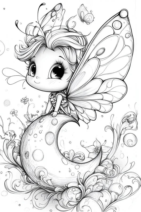Cute chibi fairy with butterfly wings sitting on crescent moon, surrounded by flowers — free printable butterfly coloring book page