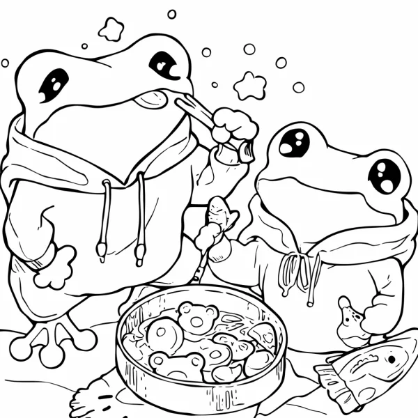 Two anthropomorphic frogs wearing hoodies eating cute shaped food from a steamer, cartoon style — free printable daily leisure coloring book page