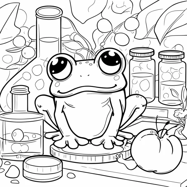 Cute big-eyed frog with laboratory glassware, cartoon style — free printable science experiments coloring book page