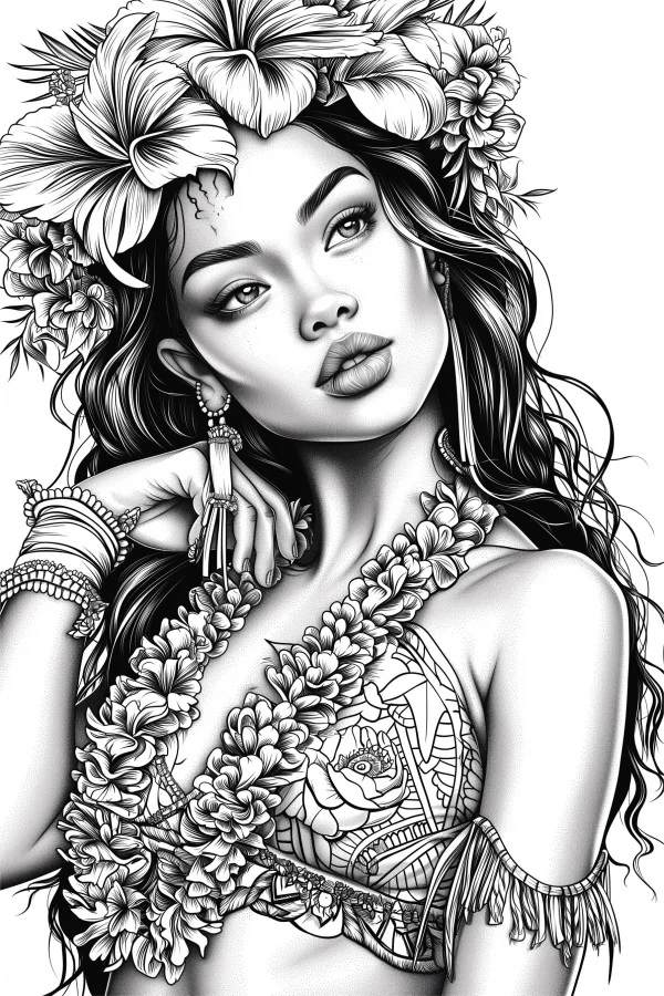 Polynesian style girl with hibiscus flower headdress and floral necklace, realistic illustration style — free printable polynesian culture coloring book page