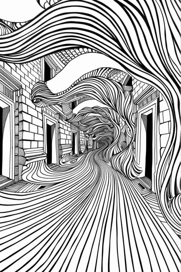 Distorted city street, surreal line art style — free printable surreal coloring book page