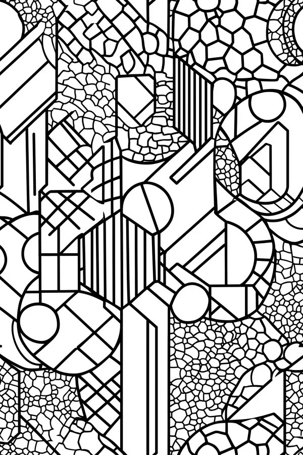 Coloring book page, abstract geometric combination pattern — free printable geometry coloring book page