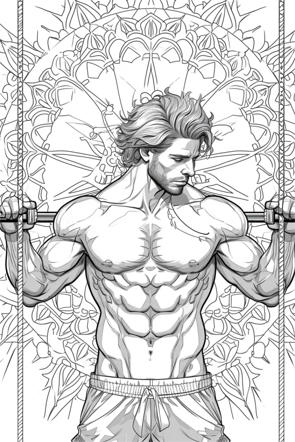 Muscular fitness man holding a bar with ropes, realistic style — free printable fitness coloring book page