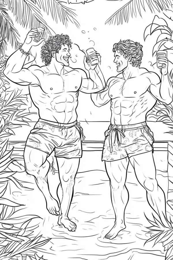 Two muscular men toasting with drinks, realistic line art — free printable fitness coloring book page
