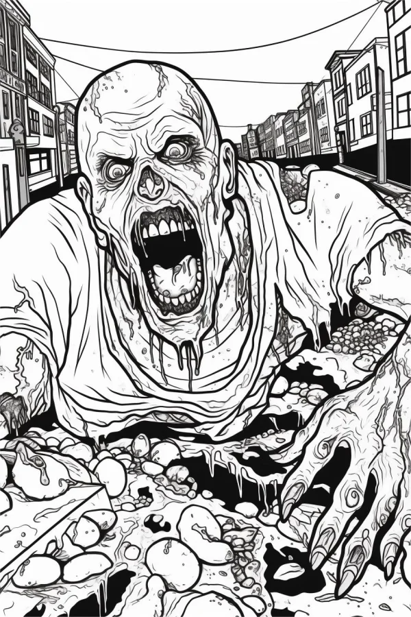 Terrifying zombie crawling on city street, horror style — free printable zombies coloring book page