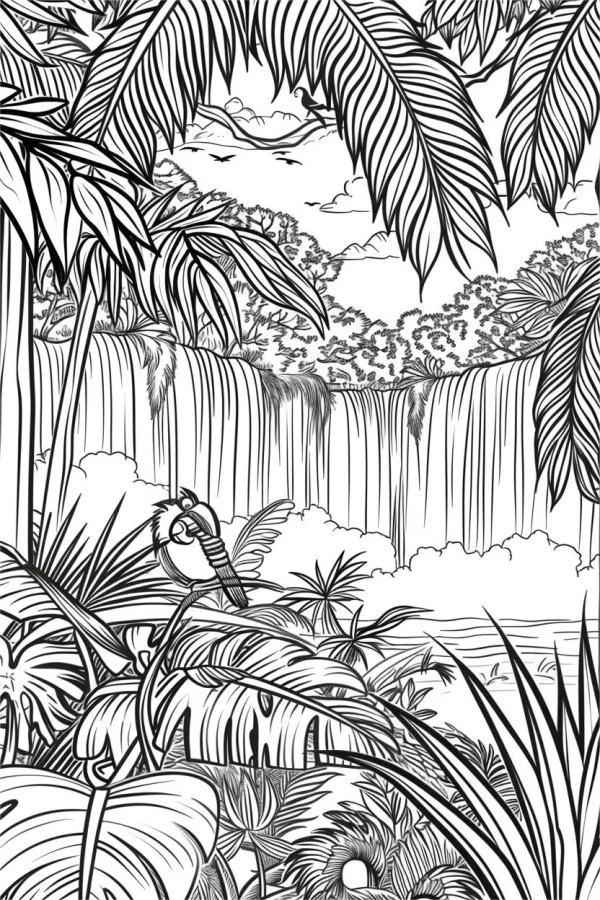 Tropical rainforest waterfall with toucan, lush tropical plants including palm leaves and monstera — free printable tropical rainforest coloring book page