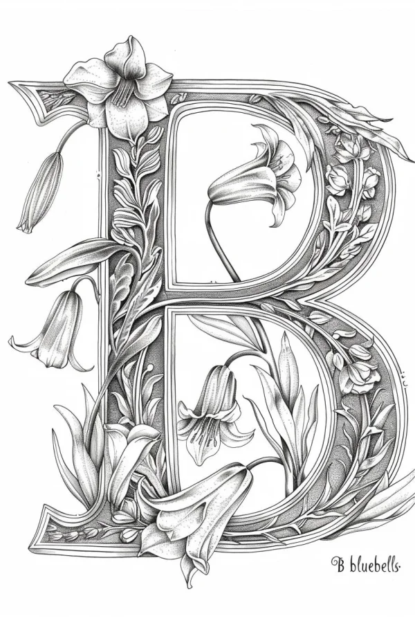 Coloring book page, letter b decorated with bluebells and lilies — free printable letter art coloring book page