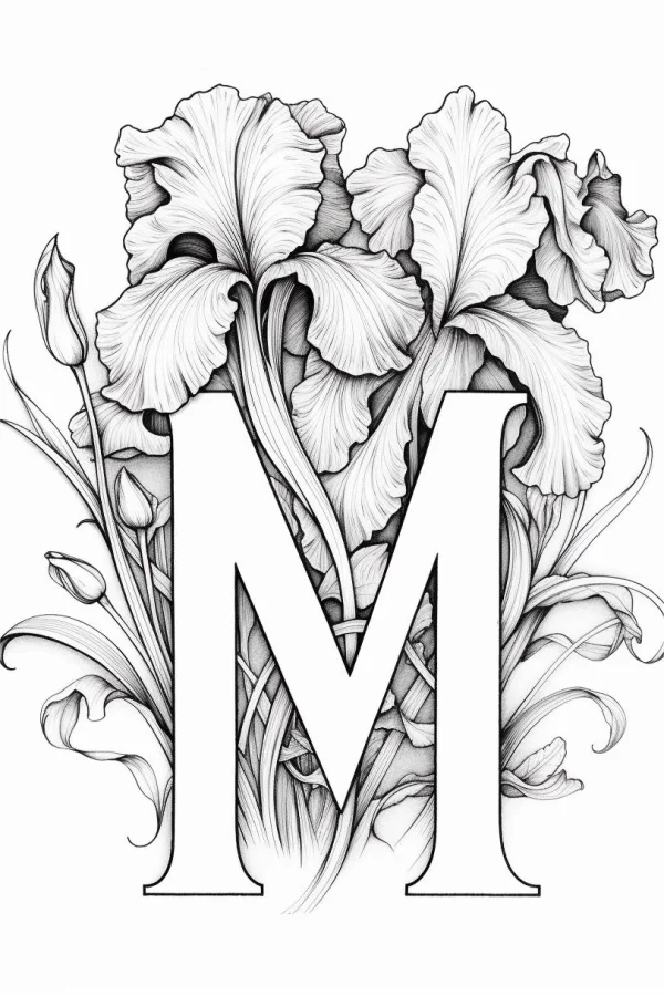 Decorative letter m with irises, realistic line art style — free printable letter design coloring book page