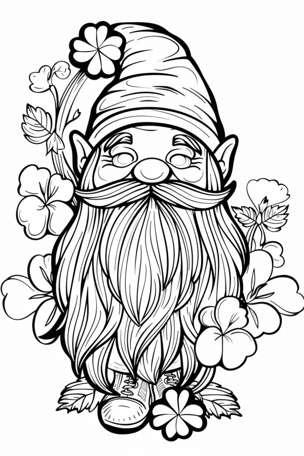 Cartoon gnome surrounded by four-leaf clovers and leaves, cute warm style — free printable st. patrick's day coloring book page
