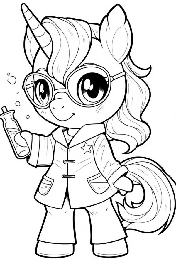 Cute scientist unicorn wearing glasses and lab coat, holding a test tube with bubbles — free printable scientists coloring book page
