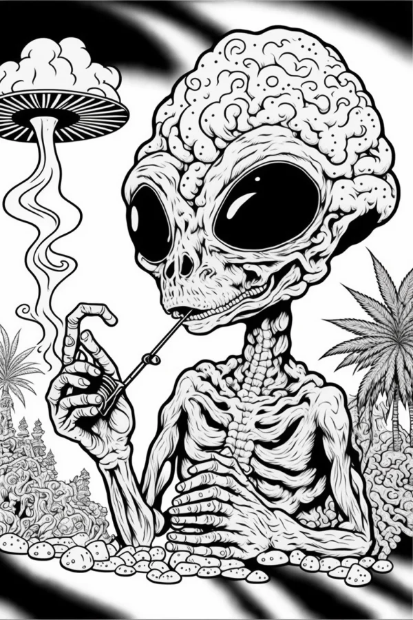 Big-headed alien skeleton with exposed brain, psychedelic sci-fi dark style — free printable psychedelic coloring book page