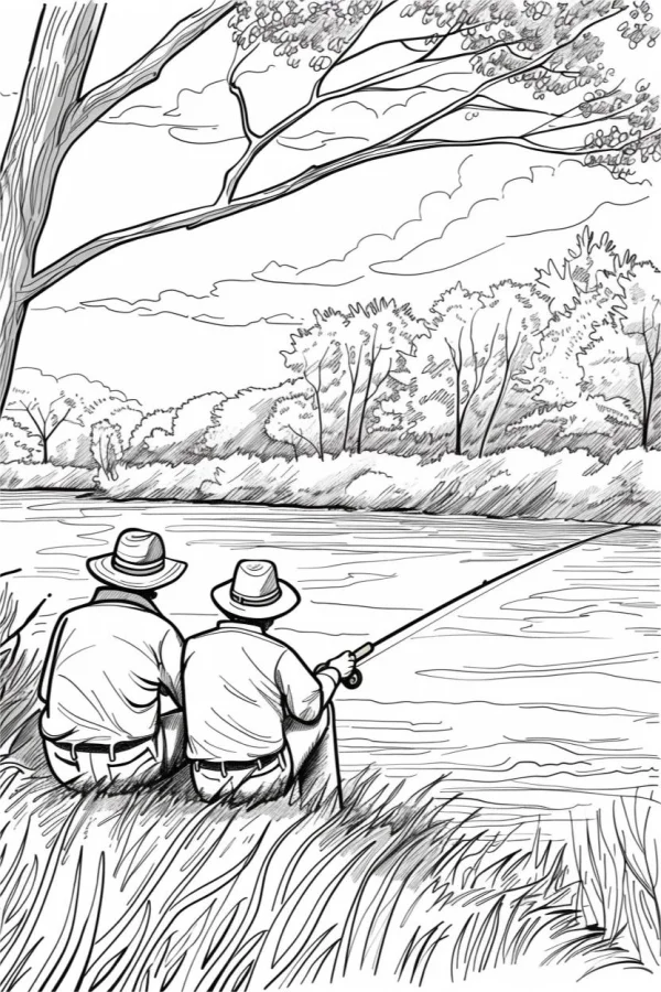 Two men in wide-brimmed hats fishing by the riverbank, realistic sketch style — free printable fishing coloring book page