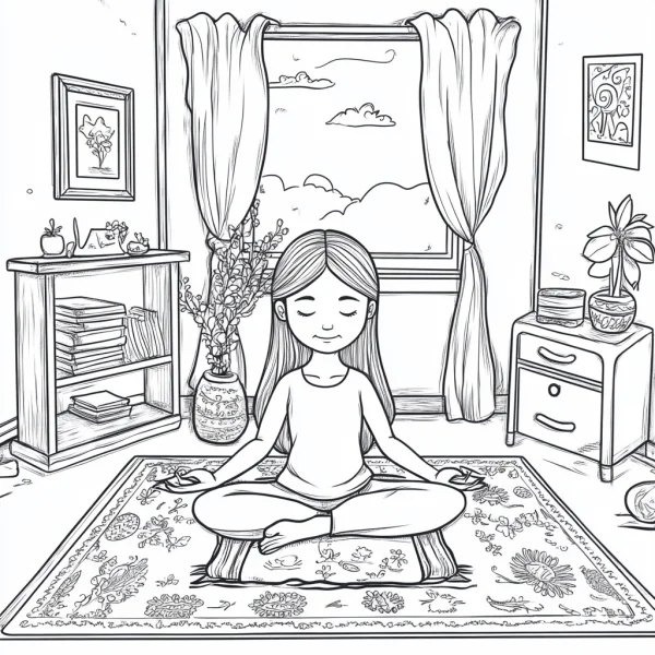 Girl doing yoga meditation in cozy indoor room, cartoon style — free printable yoga coloring book page