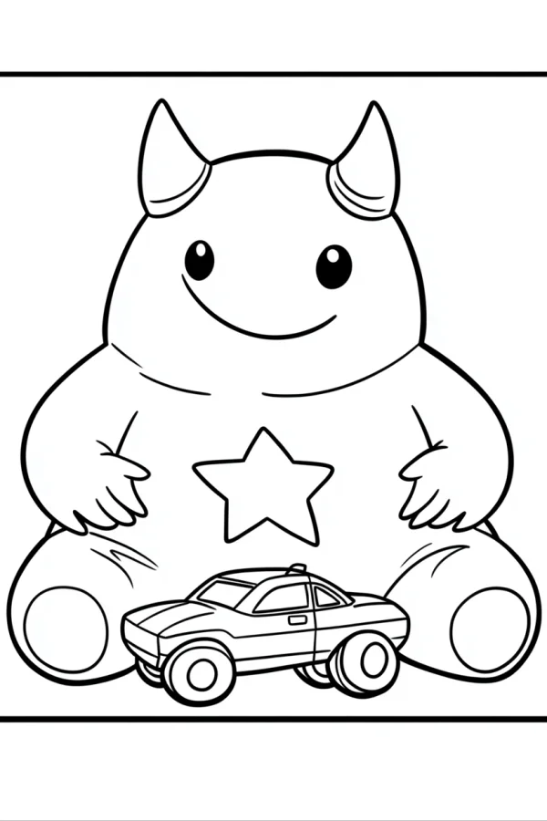 Cute horned monster with a star on its belly and a toy police car in front, cartoon style — free printable toys coloring book page