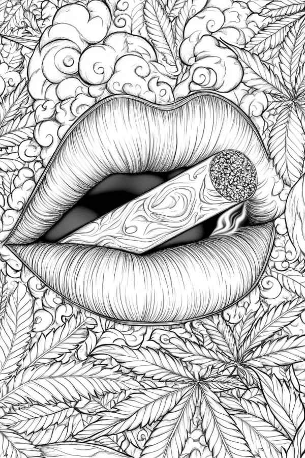 Lips holding a marijuana joint, street art style — free printable alternative culture coloring book page