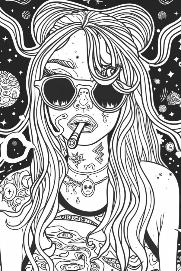 Trendy fantasy tattoo girl wearing sunglasses and holding a cigarette, street art and surreal style — free printable street coloring book page