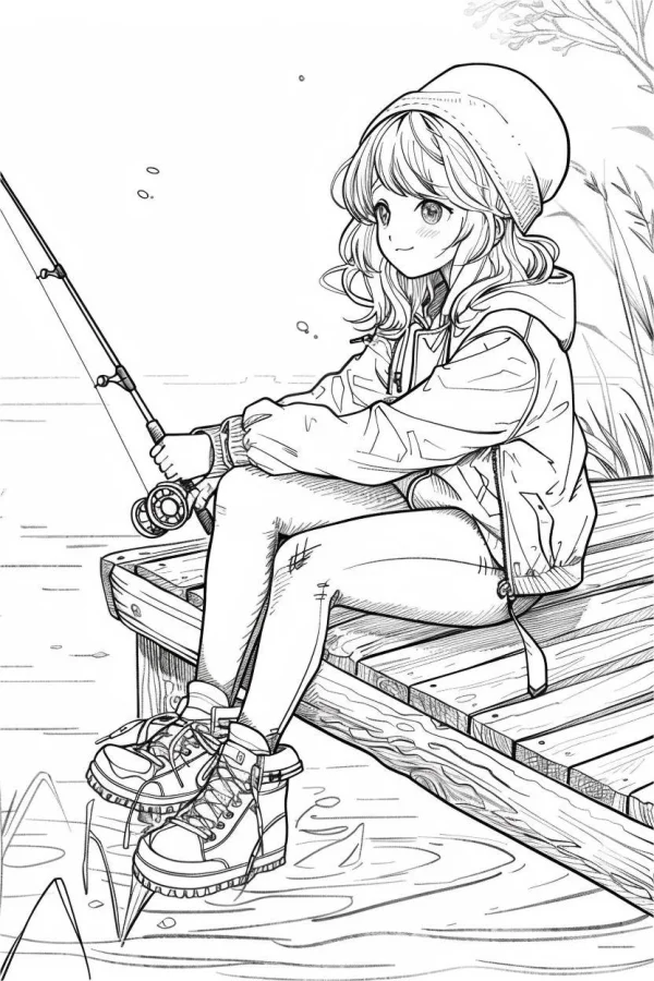 Girl fishing on wooden dock, anime style — free printable fishing coloring book page