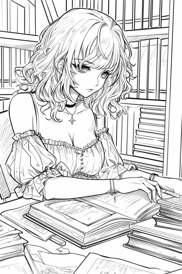 Curly-haired girl studying at desk, anime style — free printable campus life coloring book page