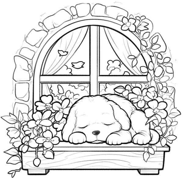 Sleeping puppy on a wooden windowsill with arched stone frame, surrounded by flowers and vines — free printable cozy daily life coloring book page