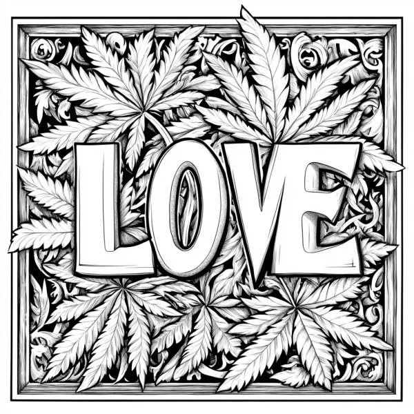 Love lettering with marijuana leaves, decorative art style — free printable trendy culture coloring book page