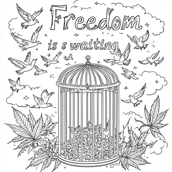 Birdcage with cannabis leaves inside, multiple flying birds surrounding — free printable freedom coloring book page
