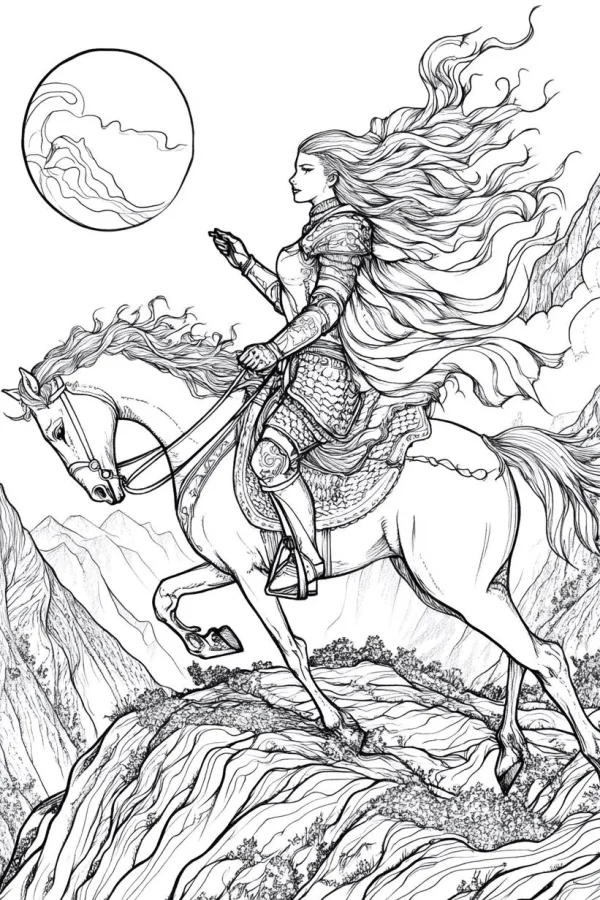 Female knight riding a white horse, fantasy illustration style — free printable knight coloring book page