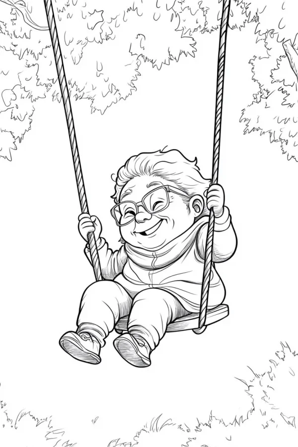 Cheerful elderly person swinging on a swing, cartoon style — free printable senior life coloring book page