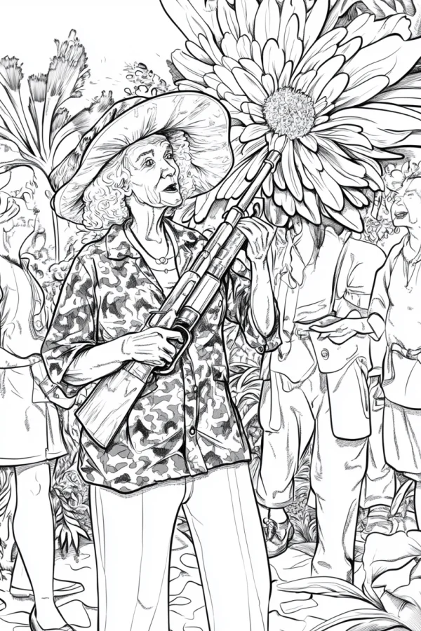 Elderly woman holding a rifle next to a giant daisy, realistic line art style — free printable quirky coloring book page