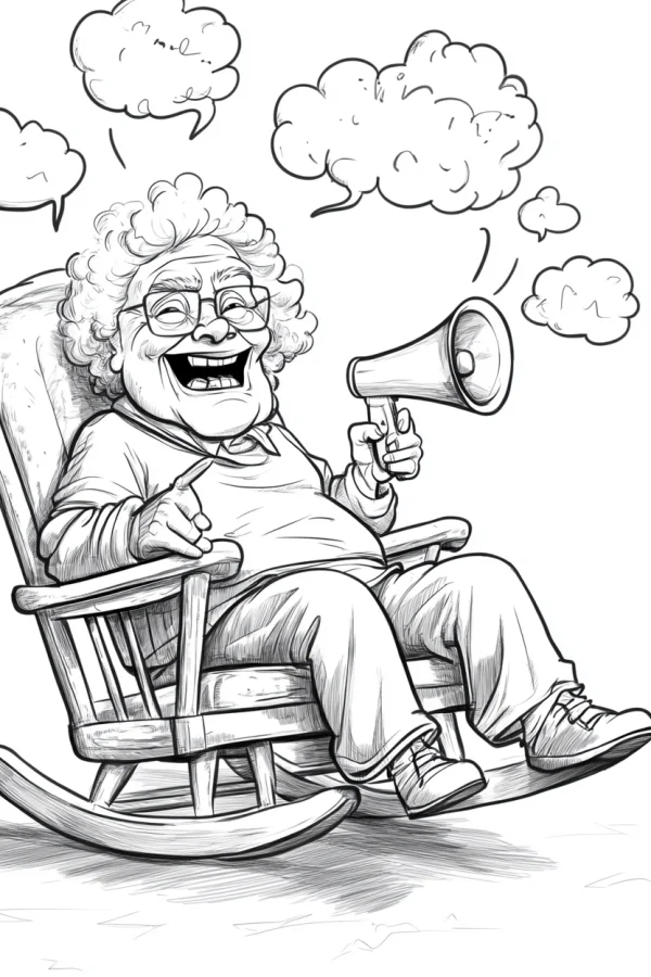 Cheerful elderly woman sitting in a rocking chair holding a megaphone, cartoon style — free printable senior life coloring book page