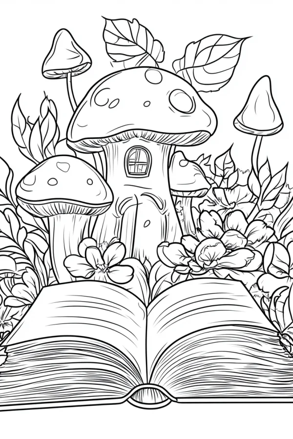 Mushroom house with flowers and plants emerging from an open book, fairy tale cartoon style — free printable books coloring book page