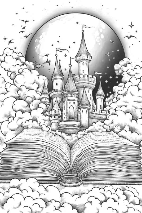 Fairy tale castle emerging from an open book, fantasy style — free printable books coloring book page